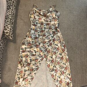 Yellow Floral Satin Midi Dress